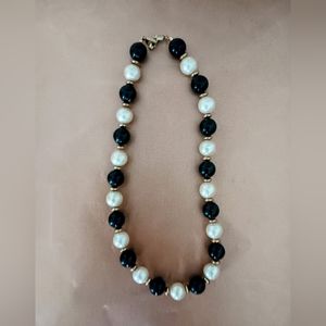 Vintage Faux Pearl & Black Bead with Gold Tone Accents Necklace